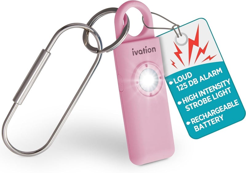 Ivation Personal Rechargeable SOS Alarm, Pocket Size Loud 130dB Sound Safety Siren & LED Panic Strobe Light with Carabiner Keychain Clip for Women, Children & Seniors, Pink - Image 1